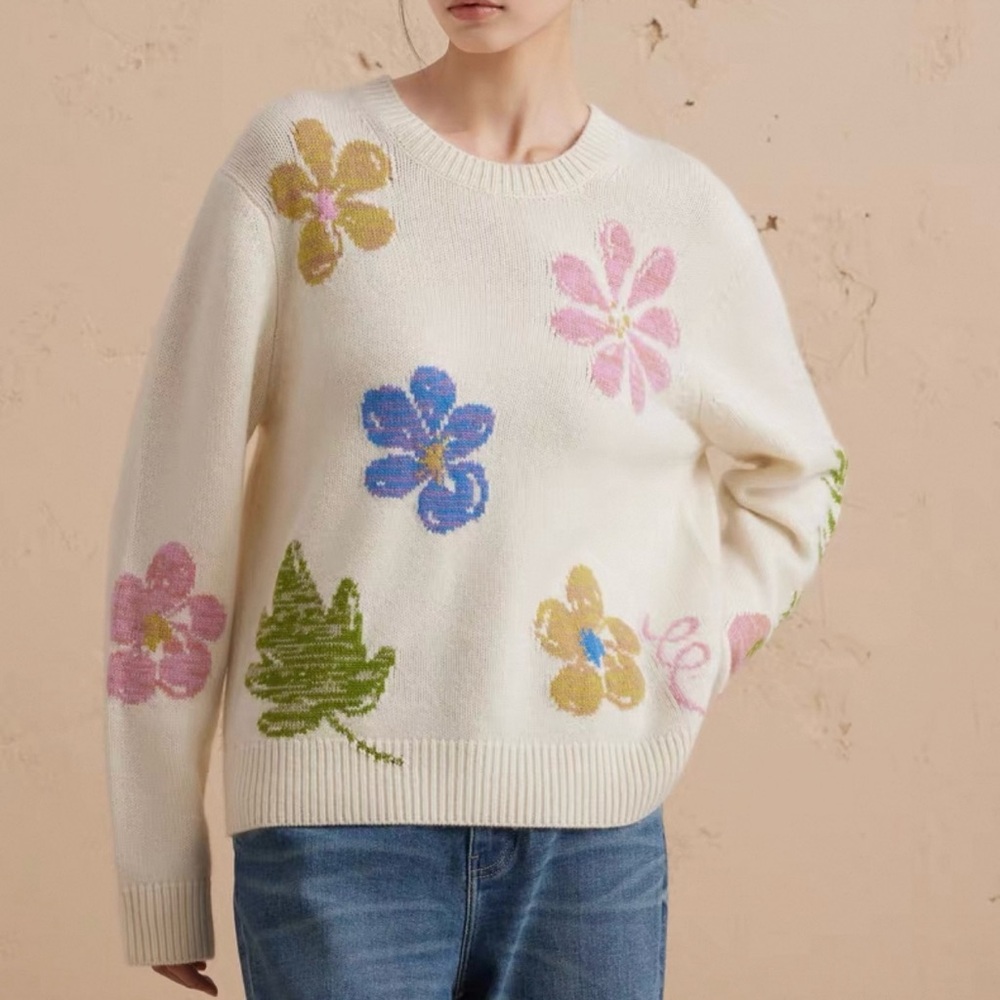 Erdos Floral Patterned Cream Cashmere and Wool Sweater
